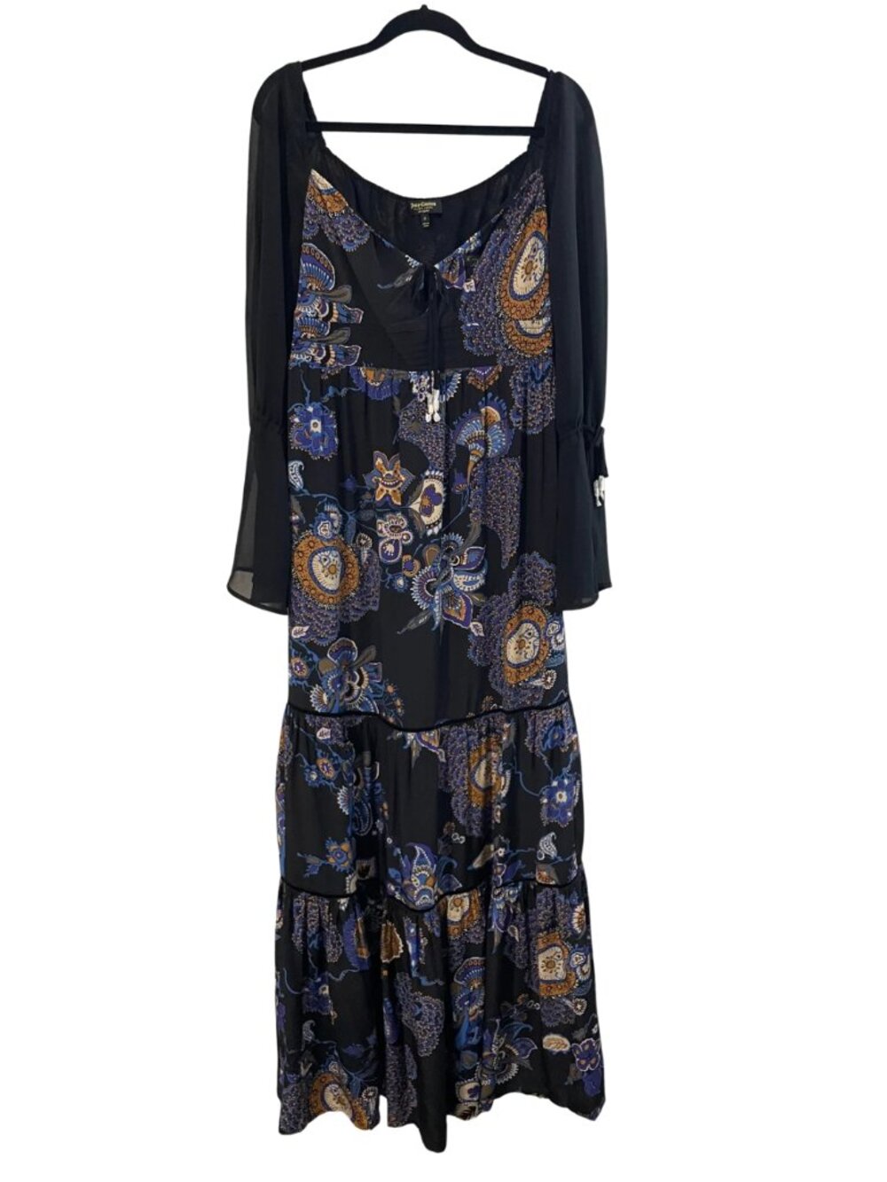 Juicy Couture Black Label Women's Silk Maxi Dress Size 12 Paisley Floral Blue
